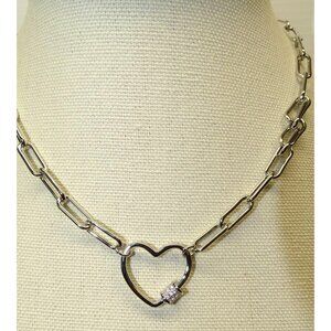 Heart Pendant Silver-Tone Chain Necklace With Rhinestone Accent